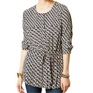 Anthropologie Maeve Selva Printed Button Front Pleated Drawstring Tunic Top